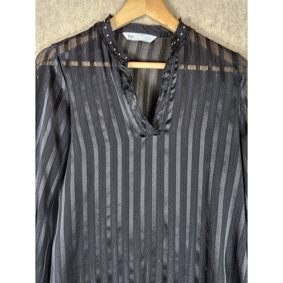 ZARA Women's Black Sheer Embellished Striped Night Out Oversized Fit SZ XS - Picture 3 of 9